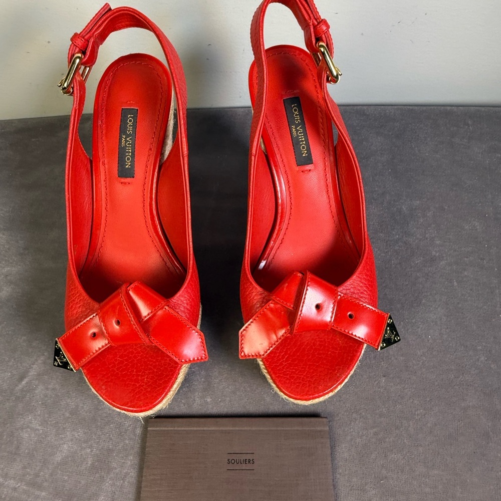 Louis Vuitton red leather wedge heel slingback espadrille sandals open-toe 35 - Picture 3 of 16